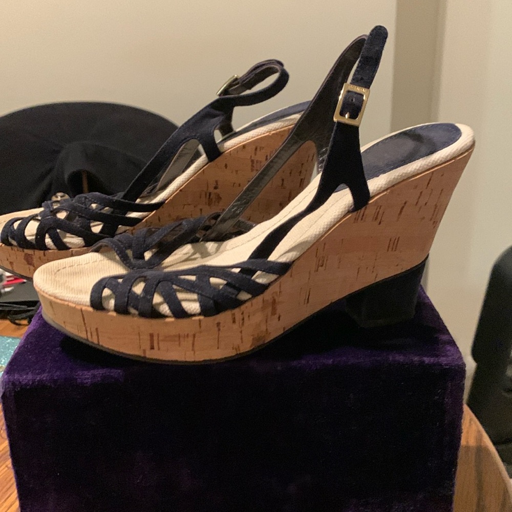 Black Fendi platform cork sandal wedges with a heel. Gorgeous shoes.
